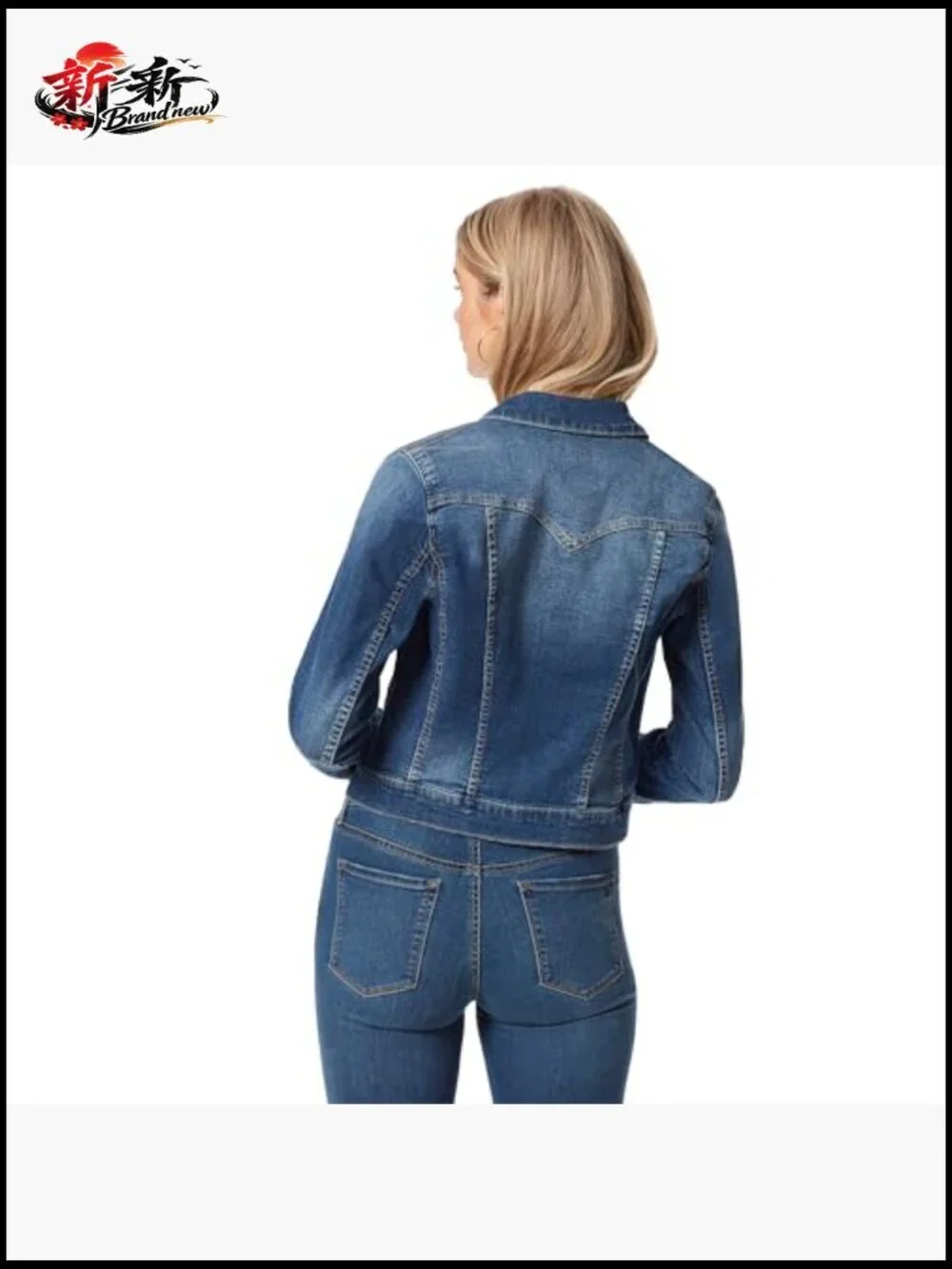 Crop Jean Jacket with Button Front, Chest Pockets, Long Sleeve